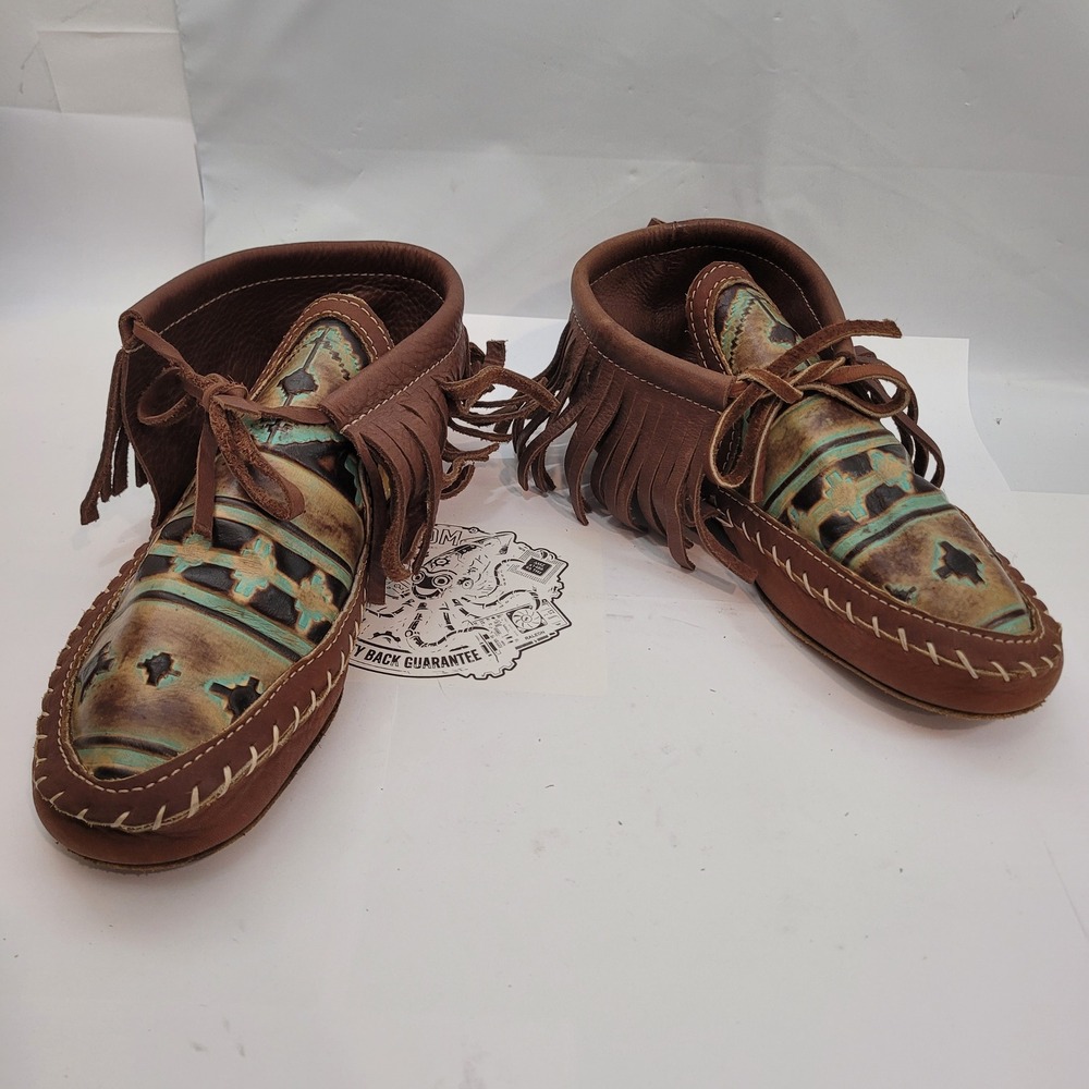Moccasins Men Size 9 Brown Genuine Leather Fringe Southwestern Turquoise Pattern